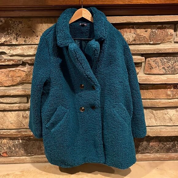 Roaman’s Double-Breasted Teddy Coat Teal - Picture 1 of 6